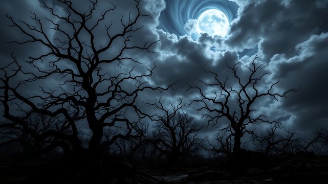 Spooky night scene featuring bare trees under a full moon and dramatic clouds