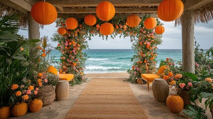 Tropical beach ceremony archway, vibrant orange and pink floral arrangements, with decorative lanterns