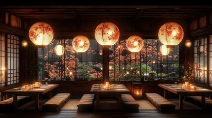 Obraz premium Japanese restaurant interior, warm ambiance