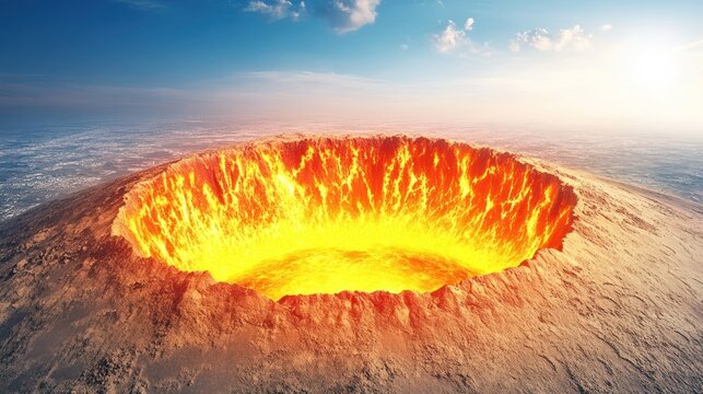 Vast, fiery chasm erupts through the earth's surface.  Molten lava glows brightly