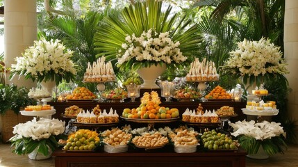 Elegant dessert buffet. Lush floral arrangements complement a lavish spread of sweet treats, fruits, and pastries