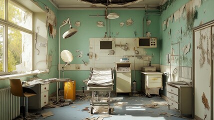 Abandoned hospital room, decaying interior