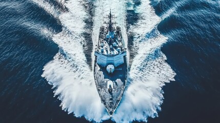 Military warship cutting through choppy ocean waves.  Powerful naval vessel in action