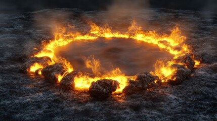 Fiery circle of flames encircling a snowy, earthy center