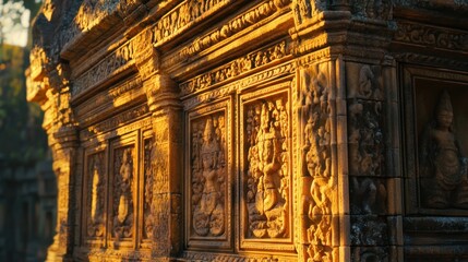Ancient stone carvings, intricate details.  Sunlight highlights the bas-reliefs