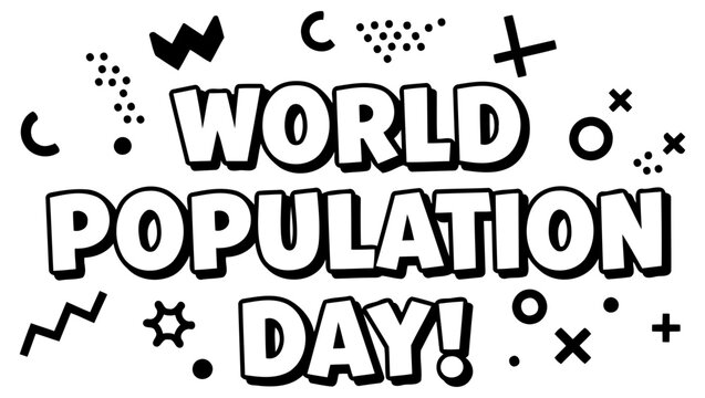World Population Day graphic with no demographic details in a comic book style with various geometric shapes.