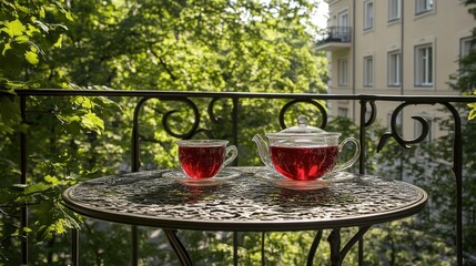 Two cups of reddish tea on a balcony table, outdoor setting