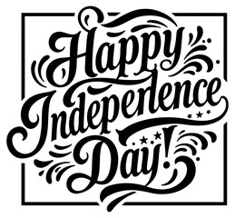 Happy Independence Day decorative typography design on a white background. Stylish lettering with flourishes and ornaments in a square frame.