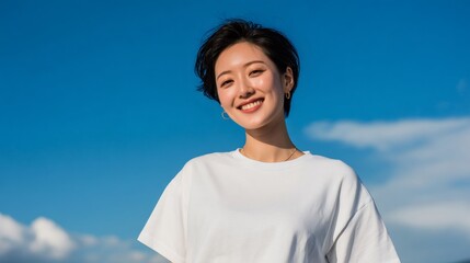 Portrait of a cheerful young japanese woman smiling under a beautiful blue sky with some white clouds