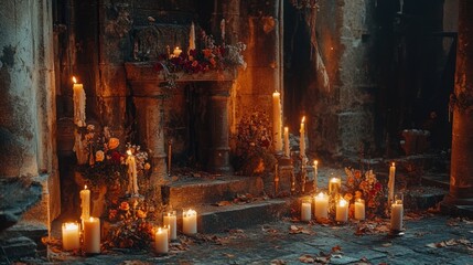 Ancient stone altar, lit by many candles, adorned with autumnal flowers