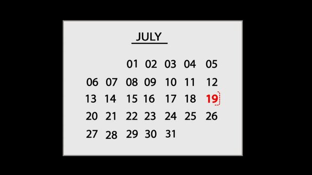 19 July Calendar Animation with Smooth Motion Graphics &ndash; Highlight Special Date