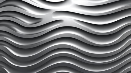 Abstract, metallic, wavy surface design.  A 3D textured pattern of undulating, flowing lines creates a captivating, silver-toned, modern effect.  The depth and shading enhance the visual interest