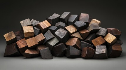 A chaotic pile of various wood cubes
