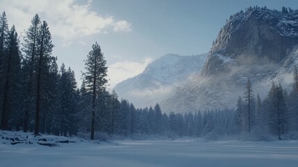 Fototapeta premium Snow-covered Yosemite landscape with tall pine trees and mountain backdrop in winter, no human presence
