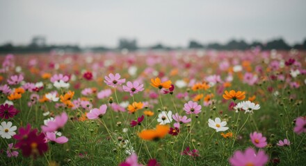 Expansive field of colorful cosmos flowers under a slightly overcast sky, symbolizing joy and natural beauty