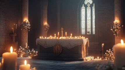 A sacred space, illuminated by candlelight, within a medieval chapel.  Floral arrangements and numerous candles create a serene ambiance