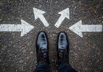 A businessman stands on several arrows fanning out in different directions, capturing the moment of choice and the challenge of making decisions.