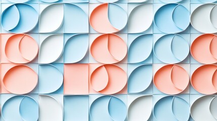 Abstract geometric pattern of squares and curves in light blue and peach tones