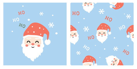Christmas or New year seamless pattern with Santa Claus cartoons, hand written fonts and snowflakes on blue sky background vector. 