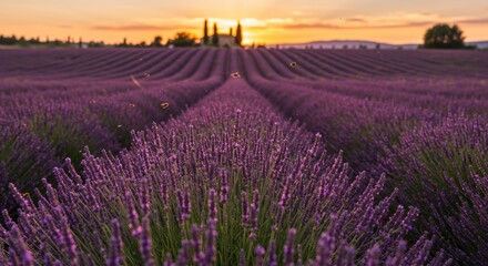 Fototapeta premium Serene field of blooming purple lavender at sunset, creating a tranquil and aromatic landscape scene, close-up