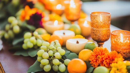 Vibrant autumnal centerpiece with candles, fruits, and flowers