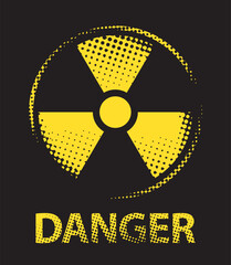 Obraz premium Vector banner on the theme of nuclear war, nuclear power plant disaster with a radiation hazard sign on a background of pixels simulating radiation contamination. No AI used