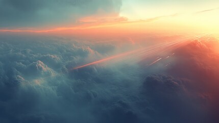 High-altitude view of clouds at sunset.  Sunrise rays piercing through clouds. Dramatic colors