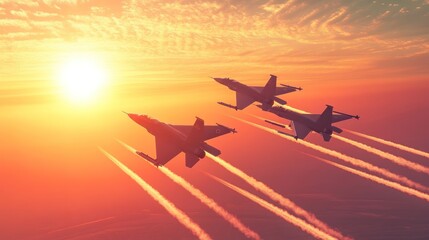 Military jets streak across a vibrant sunset sky