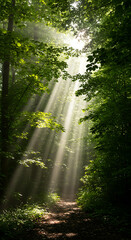 Obraz premium Dramatic sunbeams shining through a lush green forest canopy onto a tranquil path. A magical and hopeful nature scene. 