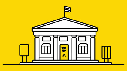 Government Building Icon – Vector Illustration of Classical Architecture on Yellow Background