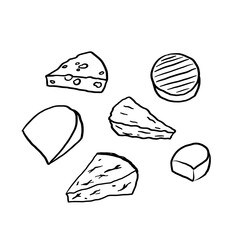 Cheese set vector illustration on isolated background. Ink sketch with cheesy doodle. Milky food elements, hand drawn illustration. Cheeses card background, dairy products, menu, farm. Pressed curds 