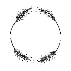 Wreath frame from ears of Wheat. Bunch of ears of wheat, dried whole grains. Design border with Cereal harvest, agriculture, organic farming, healthy food symbol. Hand drawn vector sketch, isolated 