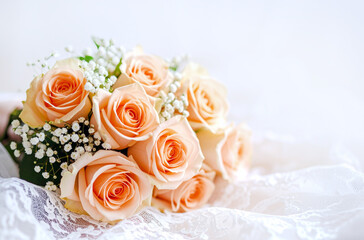 Obraz premium wedding bouquet of peach roses on lace fabric
