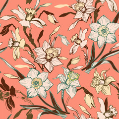 Trendy colors of the year floral seamless pattern with hand drawn daffodil flowers on peach fuzz background. Design for home textile, fabric, wallpaper, packaging. Vector Illustration