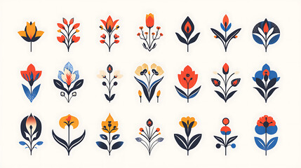 A minimalist grid displays twenty stylized floral motifs, each with distinct abstract shapes and a vibrant color palette of red, blue, and yellow on a light background.