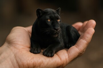 open hand  and there is animal black jaguar panther leopard on it,  animal concept of love for all animals, protection of animals and spirituality and friendship of animals