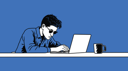 Minimalist Vector Illustration of Man Working on Laptop with Coffee Mug – Focused Remote Work Concept