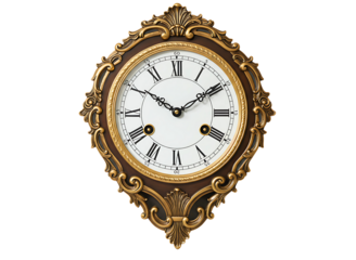 Antique gold ornate wall clock isolated on transparent background