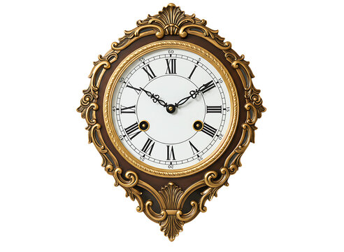 Antique gold ornate wall clock isolated on transparent background