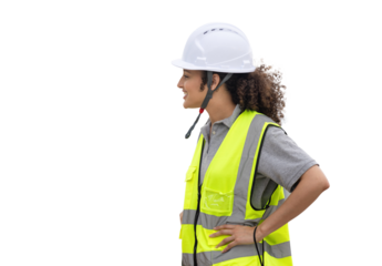 Smiling Female Engineer or Construction Worker in Hard Hat and Safety Vest, Happy Young Woman in Safety Gear, Woman on Job Site Looking Forward