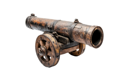 Cannon is sitting on a wooden cart