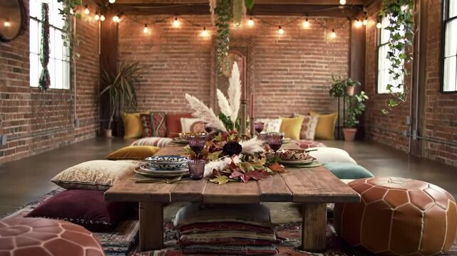 Bohemian-style picnic table setting in a rustic loft space.