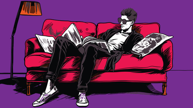 Stylish Vector Illustration of Man Relaxing on Red Sofa with Magazine &ndash; Modern Pop Art Concept
