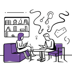 Vector Illustration of Two People Talking and Using Tablets in Modern Living Room – Communication and Technology Concept