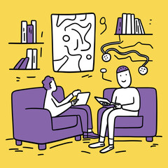 Vector Illustration of Two People Talking and Using Tablets in Modern Living Room – Communication and Technology Concept