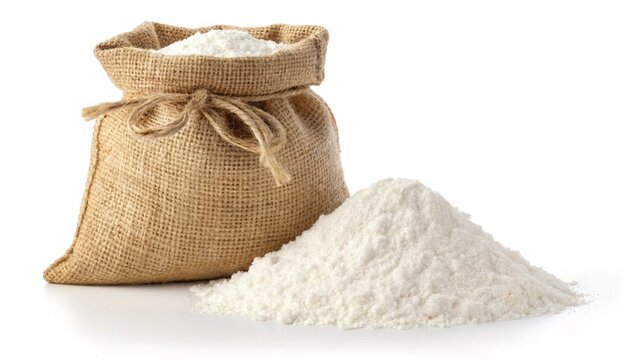 A small, rustic burlap sack, tied at the top, stands beside a generous pile of fine white powder, likely wheat flour or atta loose, on a clean white background