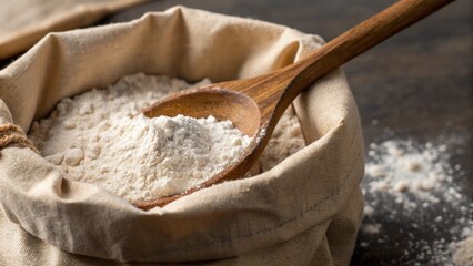 This inviting image focuses on "an open sack of white flour with a wooden scoop nestled within, set against a dark, moody background