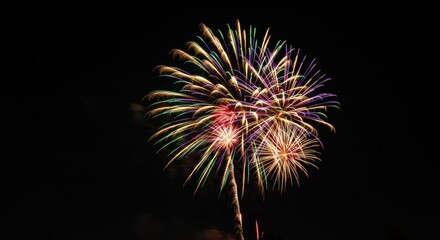 Spectacular long exposure of fireworks exploding in the night sky, creating vibrant bursts of light and color, wide view