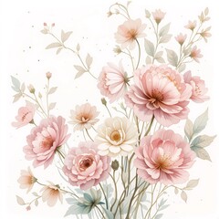 Delicate watercolor floral arrangement showcasing soft pink and white blooms with graceful green leaves on an elegant light background