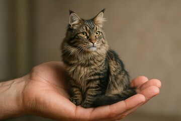 open hand  and there is a tabby cat on it, 
animal concept of love for all animals, protection of animals and spirituality and friendship of animals